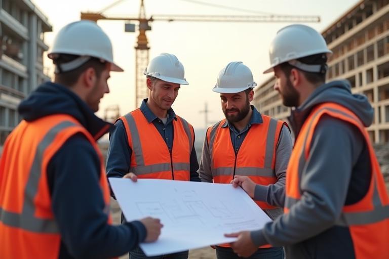 Équipe Bâtiment Experts en réunion sur chantier à Lyon